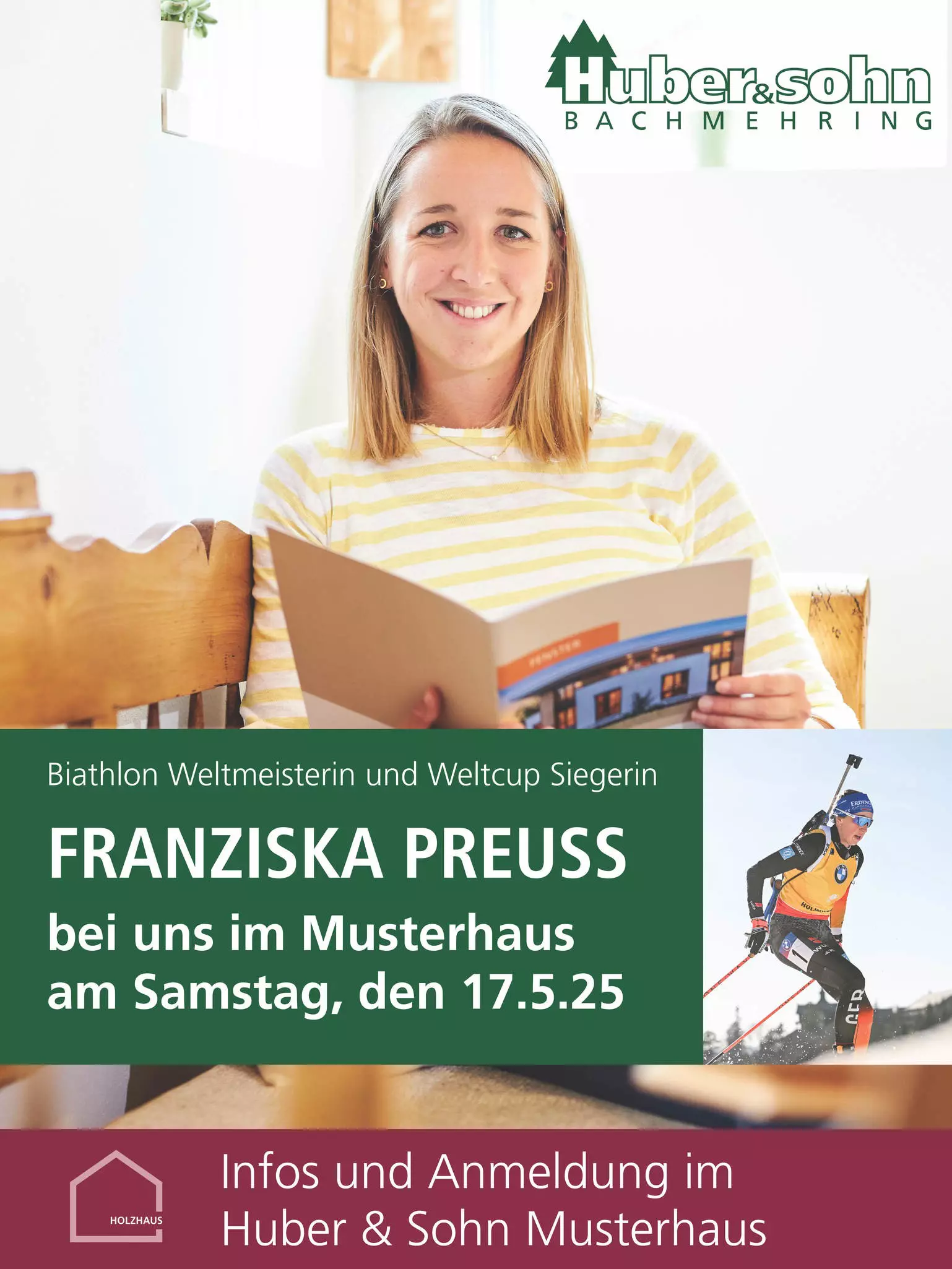 Eine lächelnde Frau im gelben gestreiften Oberteil und mit schulterlangen Haaren hält ein Prospekt in der Hand. Darunter stehen Angaben zu ihrer Person und ihrer Veranstaltung.