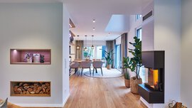 Modernes Wohnzimmer mit Kamin, offenem Essbereich, Holzböden und Topfpflanzen für ein gemütliches Ambiente.