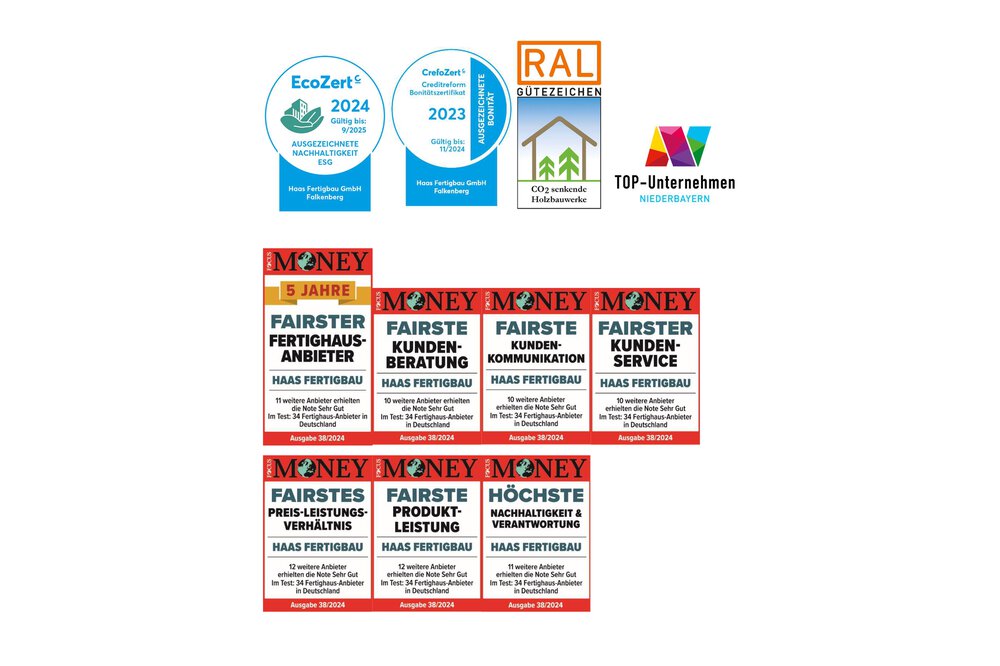 Verschiedene Auszeichnungsabzeichen und Logos, darunter Eco Zert, RAL und mehrere Geldauszeichnungen für Qualität und Service.