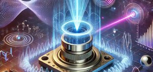 Visualization of modern quantum technology with laser beams, sensors, wave patterns and atomic symbols.