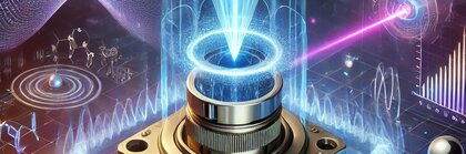 Visualisierung moderner Quantentechnologie mit Laserstrahlen, Sensorik, Wellenmustern und atomaren Symbolen.