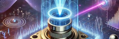 Visualisierung moderner Quantentechnologie mit Laserstrahlen, Sensorik, Wellenmustern und atomaren Symbolen.