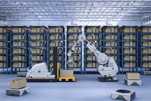 Robotic arm and autonomous vehicles in AI-controlled warehouse
