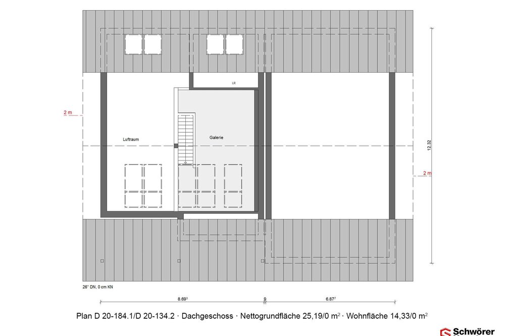 Blaupause für das Dachgeschoss von einem Musterhaus der Firma Schwörer Haus.