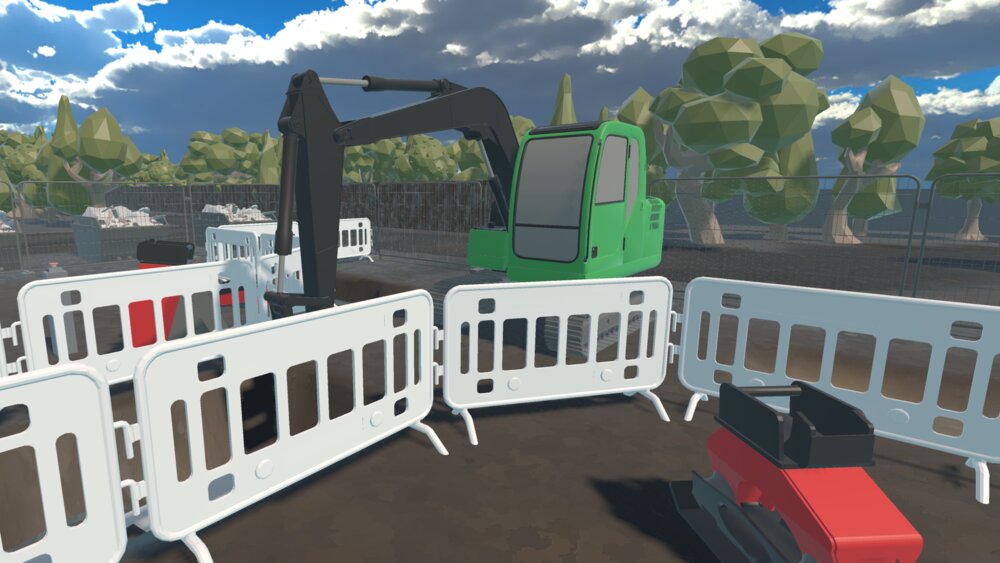 Virtuelle bauma Messeumgebung mit Baumaschinen und abgesperrtem Ausstellungsbereich in einer VR-Anwendung.