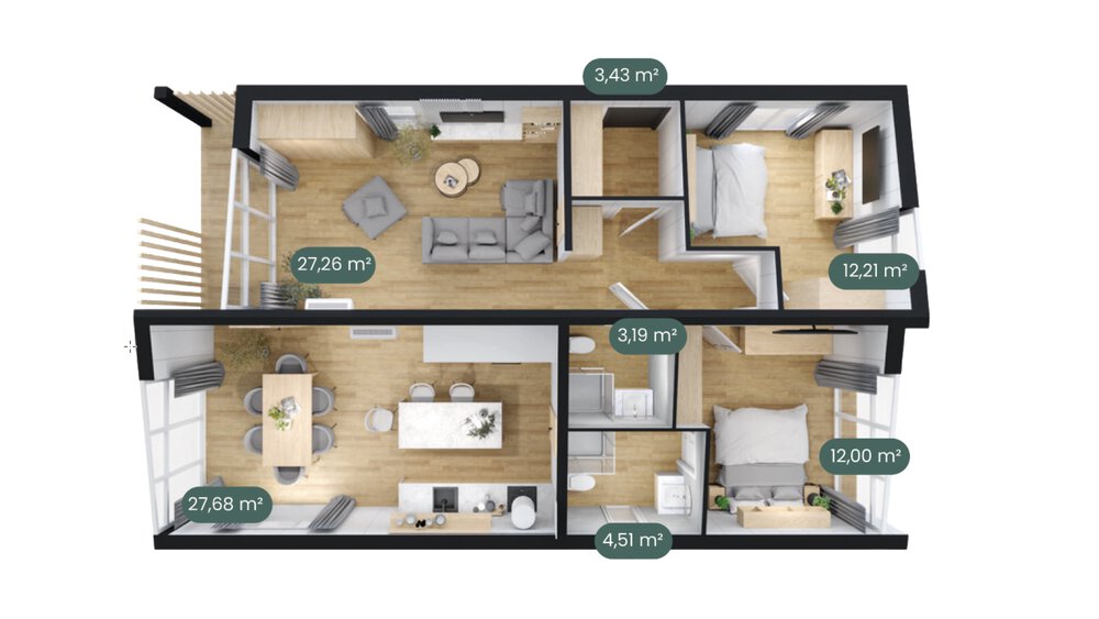 Ein Grundriss von einem rechteckigen Haus mit einer Wohnküche, Wohnzimmer, zwei Schlafzimmern und zwei Waschräumen mit jeweiliger Quadratmeterzahl.