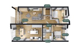 Ein Grundriss von einem rechteckigen Haus mit einer Wohnküche, Wohnzimmer, zwei Schlafzimmern und zwei Waschräumen mit jeweiliger Quadratmeterzahl.