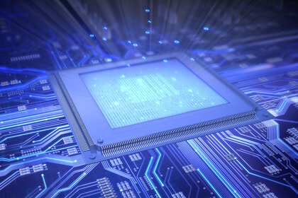 Futuristic glowing microchip on a circuit board, surrounded by blue light and digital data patterns.