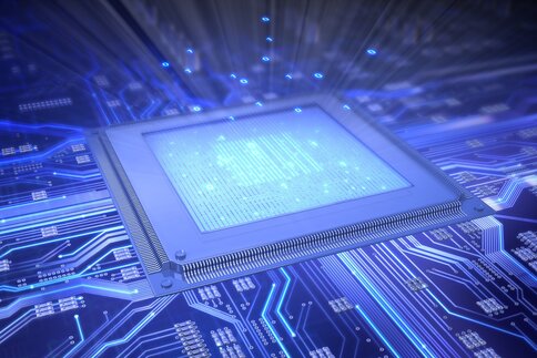 Futuristic glowing microchip on a circuit board, surrounded by blue light and digital data patterns.