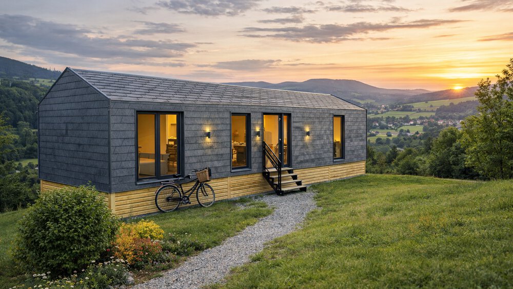 Ein längliches Tinyhouse, verkleidet mit schwarzen Schindeln und Holzbalken, steht auf einem grasbewachsenen Hügel mit einem pittoresken Tal im Hintergrund.