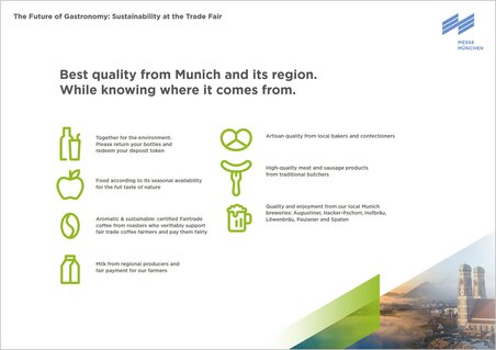 An English-language overview graphic of various catering product groups that characterise Messe München's sustainability.