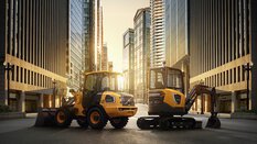 Two yellow Volvo construction machines stand between tall buildings at sunset.