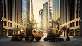 Zwei gelbe Volvo-Baumaschinen stehen bei Sonnenuntergang zwischen hohen Gebäuden.