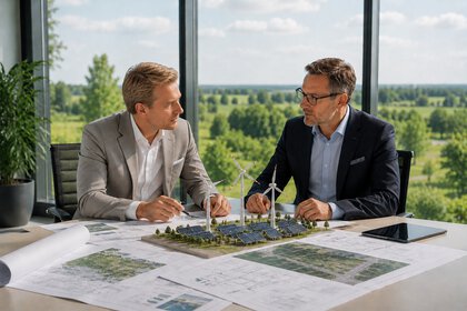 Investor und Projektentwickler besprechen ein Energieinfrastruktur-Projekt mit Wind- und Solarenergie