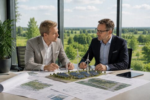 Investor und Projektentwickler besprechen ein Energieinfrastruktur-Projekt mit Wind- und Solarenergie