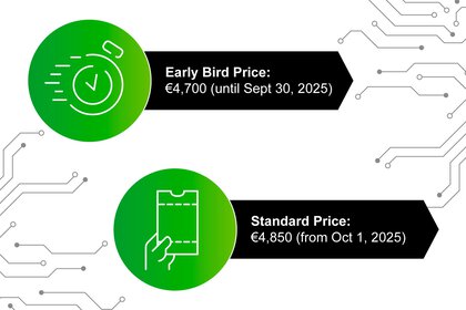 Green circles with two icons: Stopwatch for Early Bird price €4,700 valid until September 30, 2025, and a hand holding ticket for Standard price €4,850 from October 1, 2025.