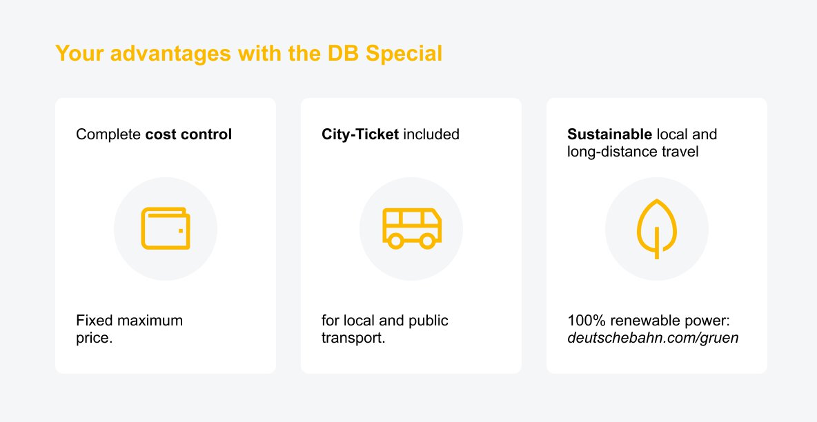 English infographic on the benefits of the DB Special: cost control, an included city ticket and sustainable travel.
