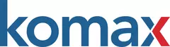 Logo von „komax“ in dunkelblauer Schrift. Die Hälfte vom „x“ ist rot.