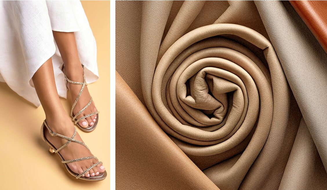 Eine Fotocollage mit zwei Bildern: Ein paar Frauenfüße in feingliedrigen Ledersandalen und eine Spirale aus beigem Leder.