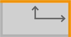 Graues Kästchen mit nach oben und rechts zeigenden Pfeilen, die ein „L“ bilden. Sie zeigen auf zwei orangene Linien.