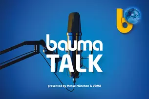 Graphic with microphone on a blue background and the words bauma Talk