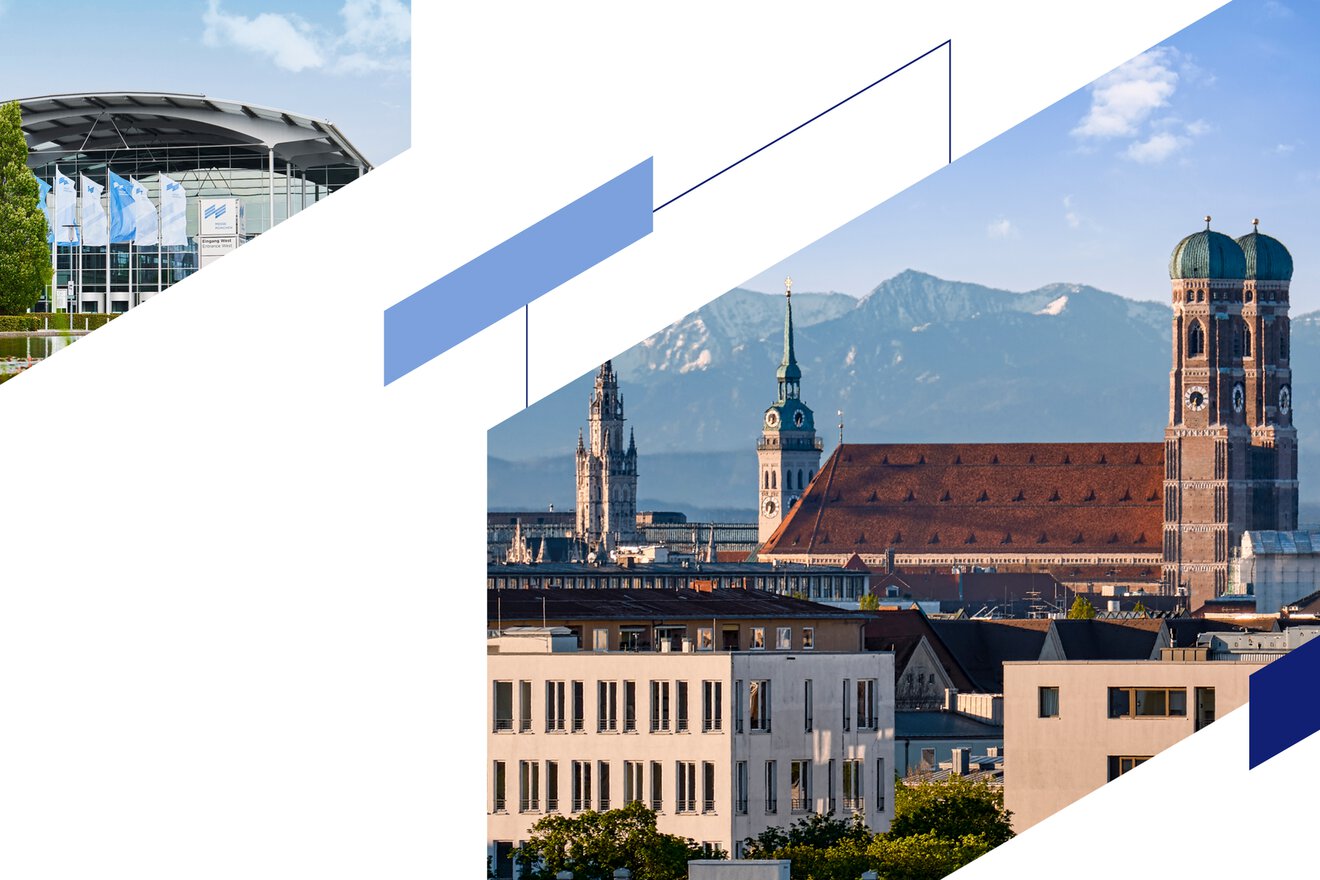 Eine Grafik mit zwei Fotos, eines von einer Eingangshalle der Messe München und eins mit dem Münchner Dom, Stadtsilhouette und den Alpen im Hintergrund.