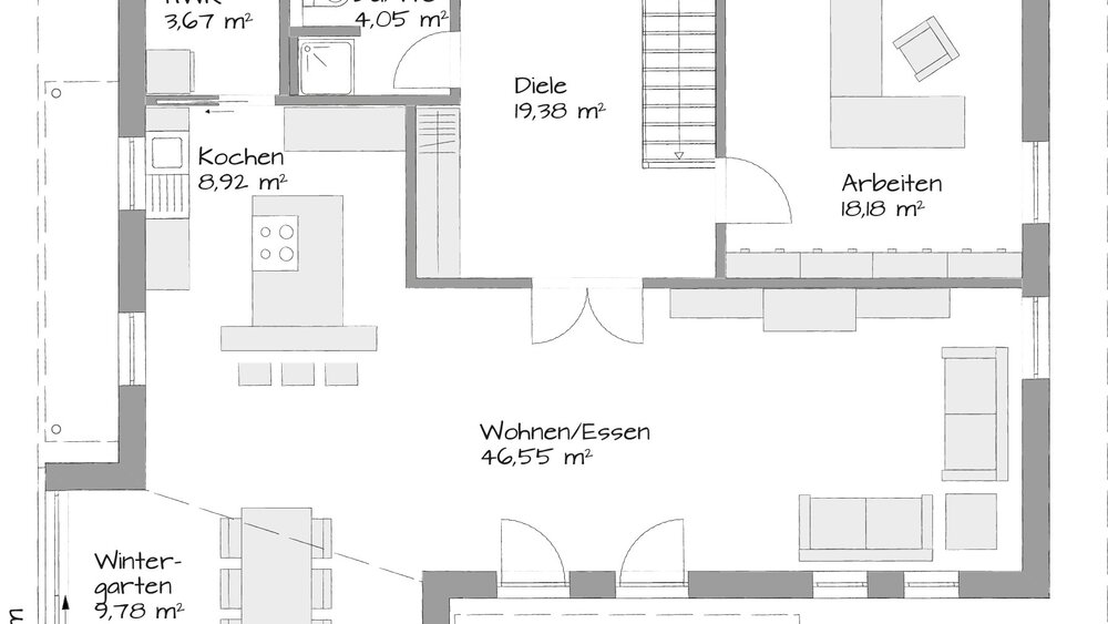 Grundriss Erdgeschoss Musterhaus Poing-Grub von KAMPA GmbH 