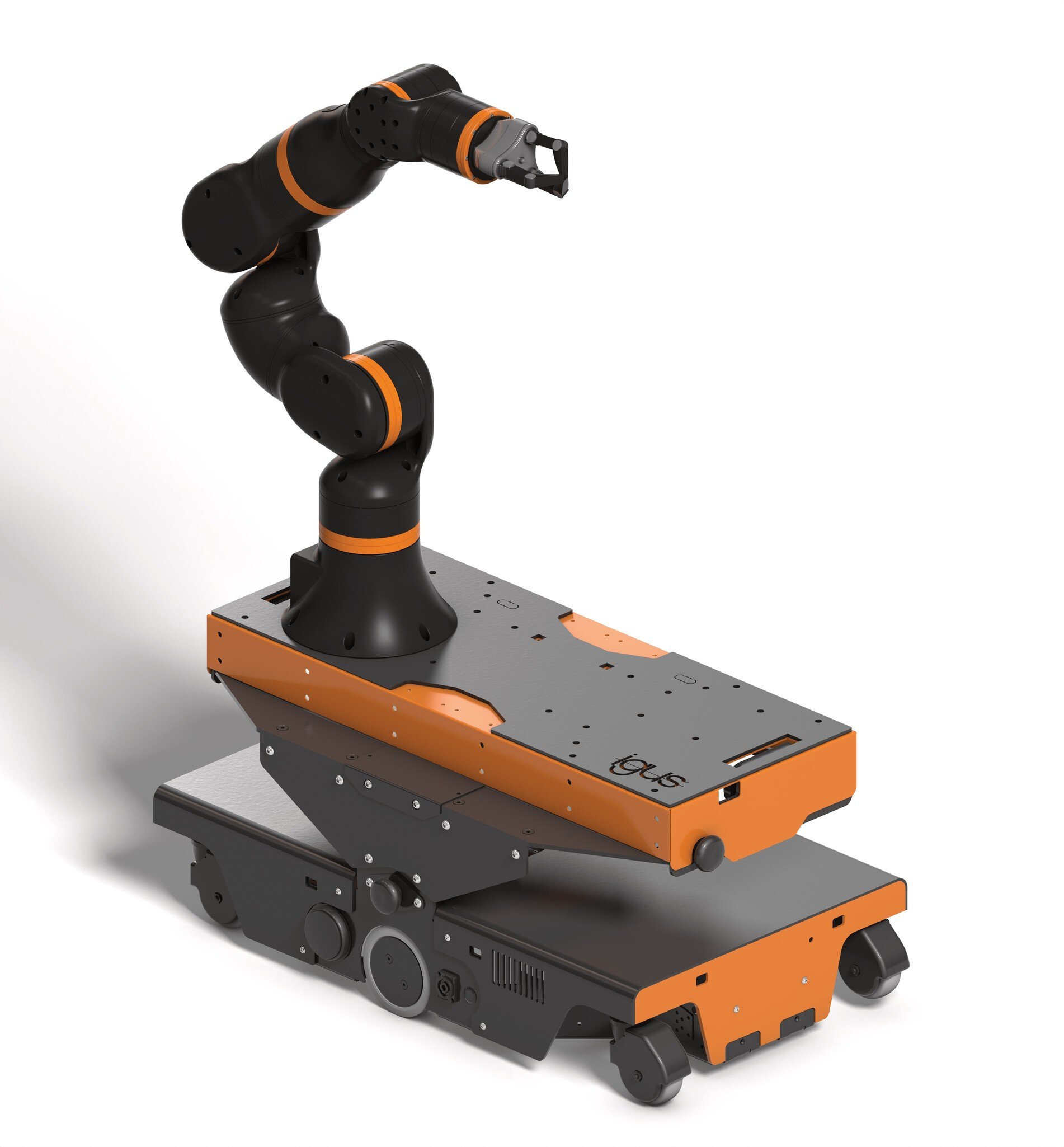 A black and orange robot labelled ‘igus’ with a multi-link arm on a mobile base plate.