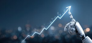 A robotic hand points to an upward-trending, glowing arrow graphic symbolizing growth and technological progress, set against a blurred city background.