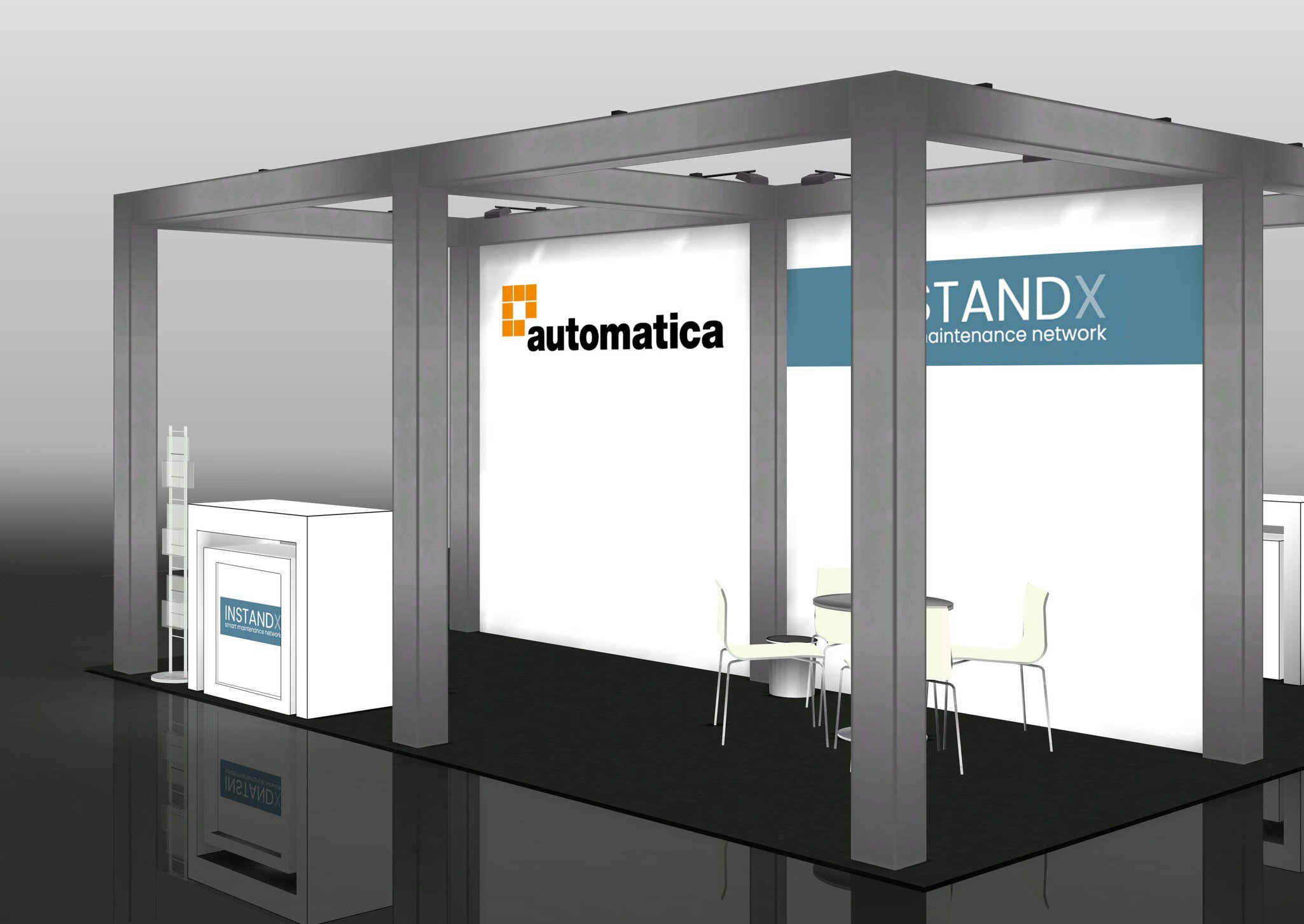 Messestand mit Automatica-Logo und Sitzbereich, umrahmt von einer grauen Struktur und blauen Akzenten.