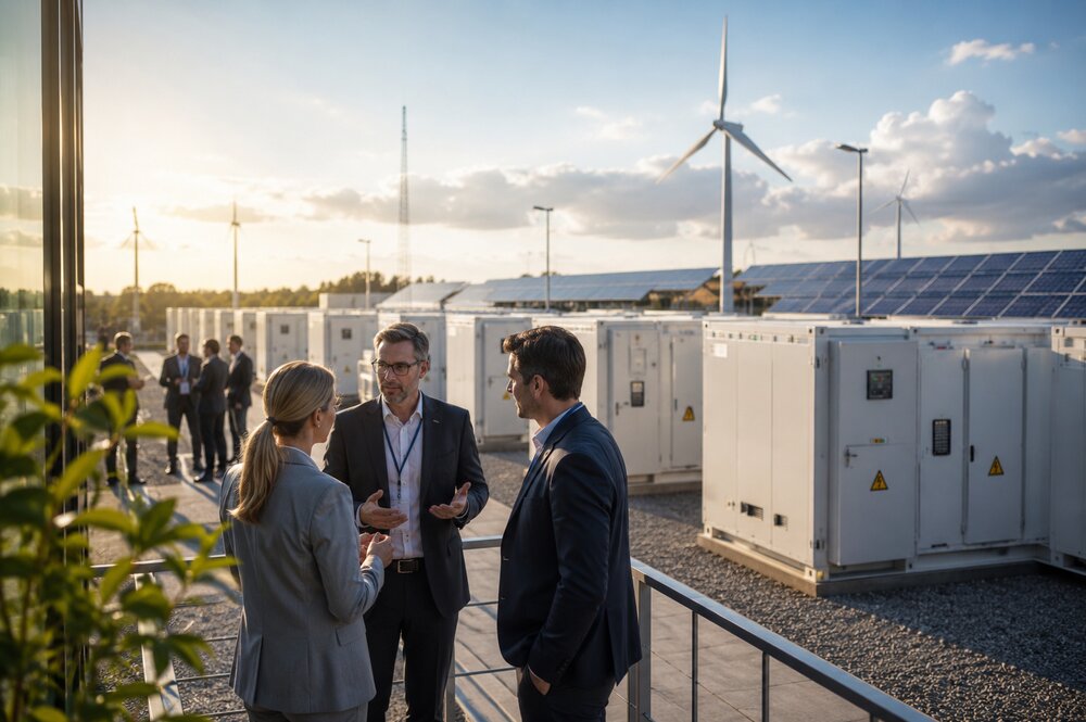 Experts discussing battery storage, solar and wind energy site