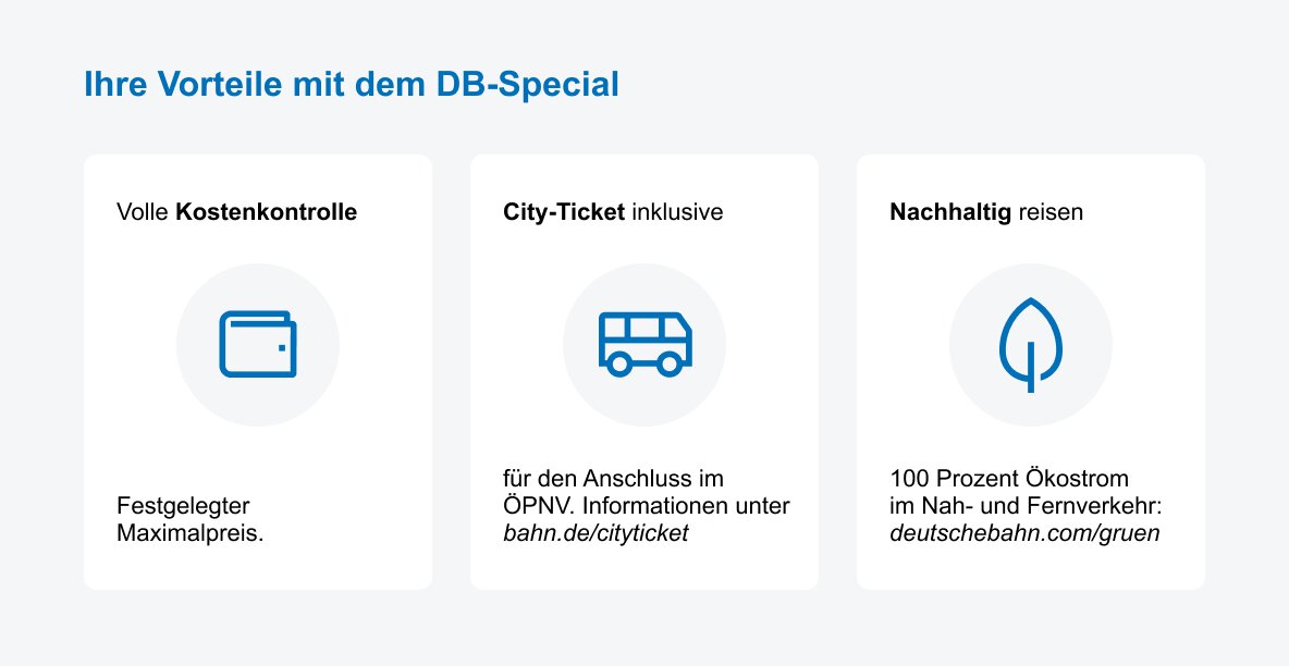 Infografik zu DB-Special-Vorteilen: Kostenkontrolle, City-Ticket inklusive, nachhaltiges Reisen mit 100% Ökostrom.