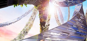 3D graphic of several high-rise buildings, some with greenery, curving and twisting into the bright blue sky.