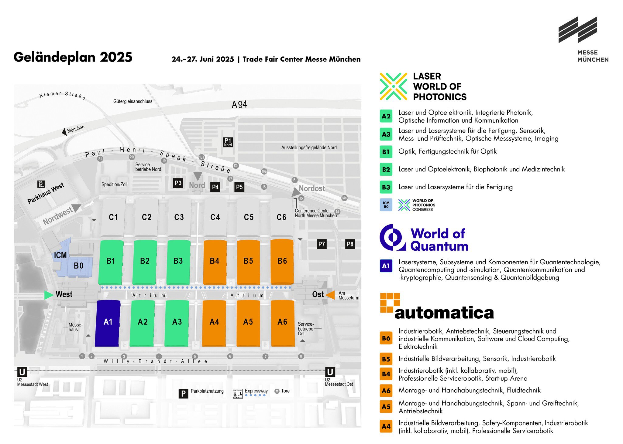 Karte des Messegeländes der Messe München für 2025 mit farblich markierten Ausstellungshallen für Laser World of Photonics, World of Quantum und automatica.