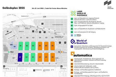 Karte des Messegeländes der Messe München für 2025 mit farblich markierten Ausstellungshallen für Laser World of Photonics, World of Quantum und automatica.