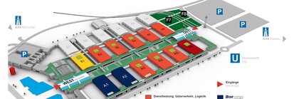 Illustrierter Plan der transport logistic 2025 mit bunter Legende zu den Veranstaltungsorten in den farbig markierten Hallen.