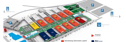 Illustrated map of transport logistic 2025 with colourful legends for the event locations in the colour-coded halls.