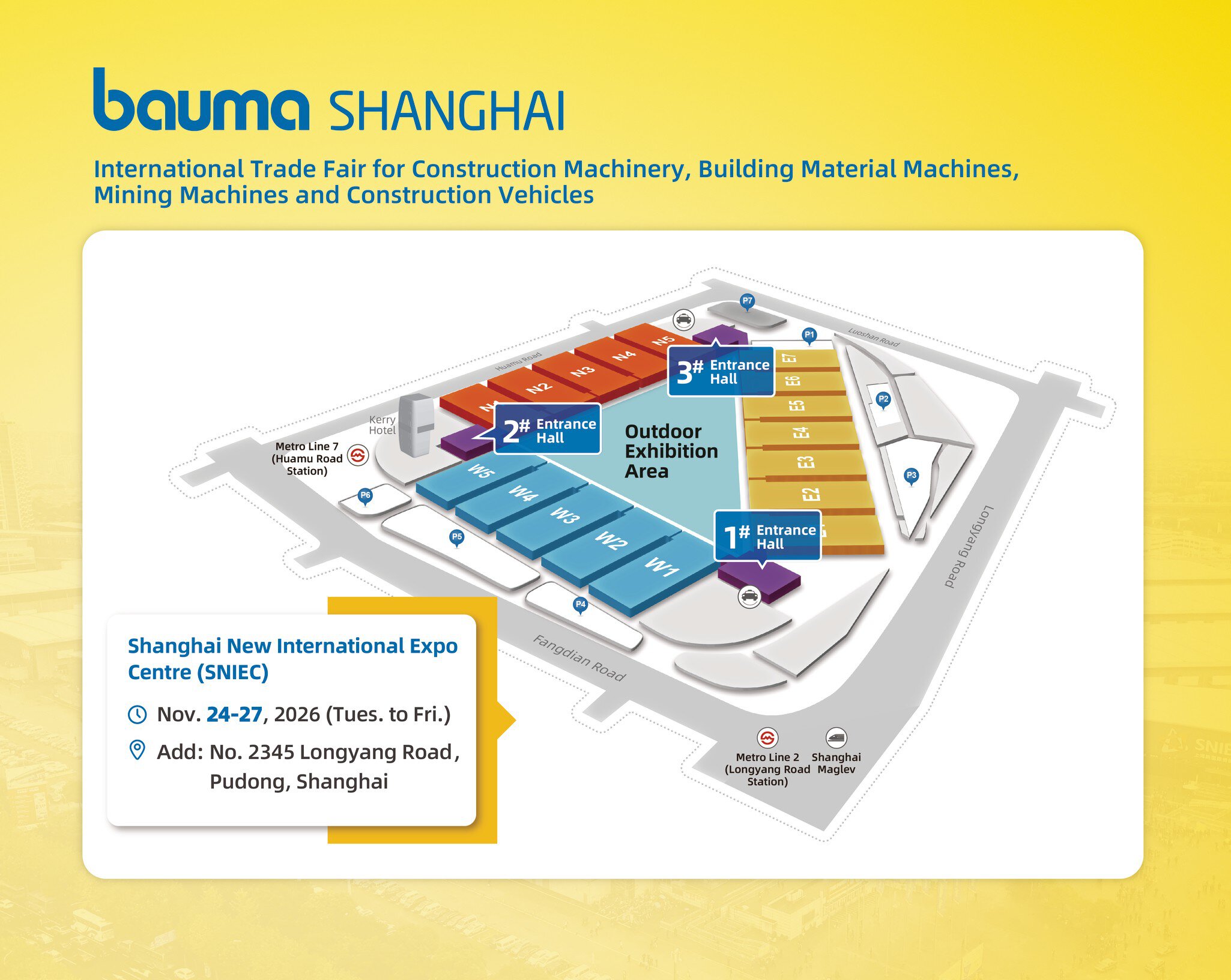 Map of bauma Shanghai 2026 at the SNIEC, showing exhibition halls, entrances and event dates: 24–27 November 2026.