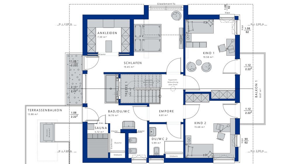 Blaupause des Obergeschosses eines Hauses mit beschrifteten Räumen, darunter Schlafzimmer, Badezimmer und ein Balkon.