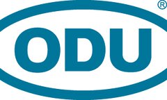 Das Logo von ODU in türkiser Schrift mit zwei geschwungen Bögen darüber und darunter und dem Registriermarkenzeichen.