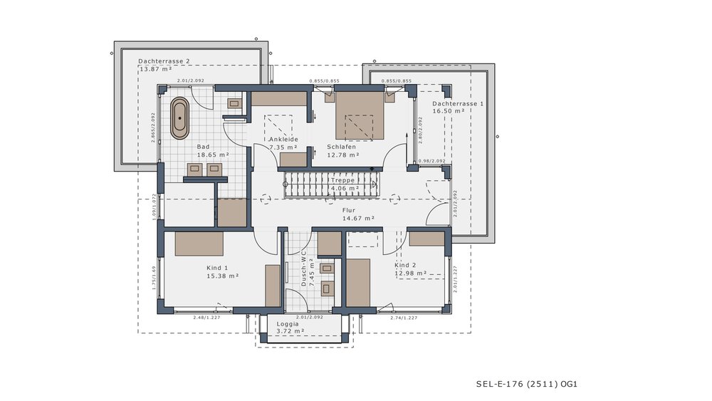 Grundriss mit beschrifteten Bereichen: Wohnzimmer, Küche, Schlafzimmer, Badezimmer und Balkon.