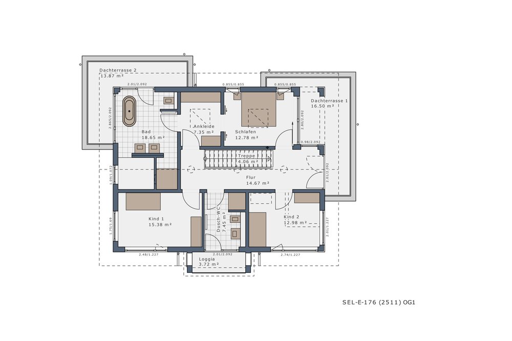 Grundriss mit beschrifteten Bereichen: Wohnzimmer, Küche, Schlafzimmer, Badezimmer und Balkon.