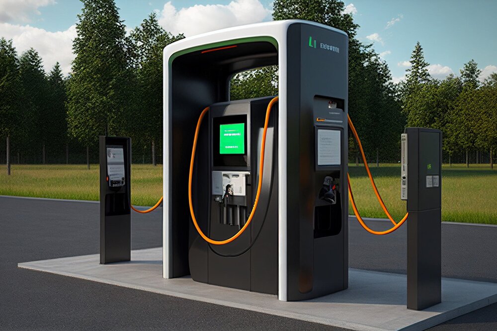 Eine futuristische Ladestation für Elektroautos auf einem betonierten Fundament am Straßenrand. Die Hauptstation ist in Schwarz und Weiß gehalten, verfügt über einen leuchtend grünen Bildschirm und dicke, orangefarbene Ladekabel. Flankiert wird sie von zwei schmalen, schwarzen Zapfsäulen. Im Hintergrund ist eine grüne Wiese mit einer dichten Reihe von Nadelbäumen unter einem leicht bewölkten Himmel zu sehen.