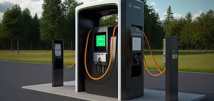 A futuristic electric vehicle charging station built on a concrete pad next to an asphalt road. The main terminal features a black and white design with a bright green display screen and thick, orange charging cables. It is flanked by two slim, black satellite terminals. The background shows a green lawn and a dense row of evergreen trees under a slightly cloudy sky.