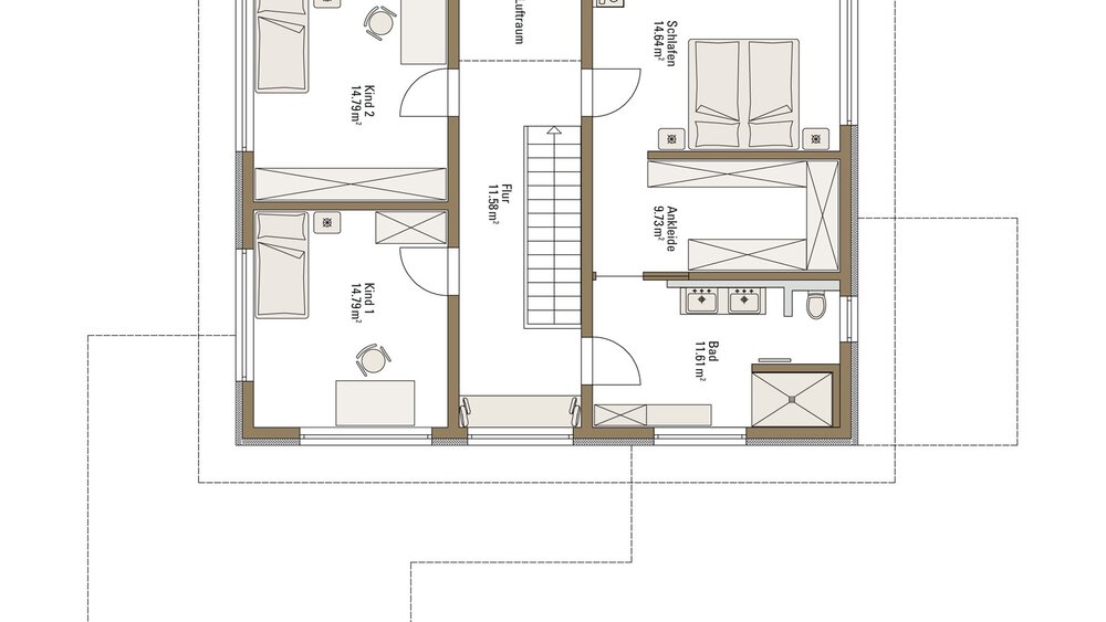 Grundriss eines Hauses mit drei Schlafzimmern, einem Badezimmer und einem Flur mit Treppe in der Mitte.