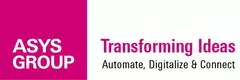 Logo „ASYS GROUP“ in einem rosa Quadrat, daneben rosa Schrift auf weißem Grund: „Transforming Ideas“ und in schwarzer Schrift darunter: „Automate, Digitalize & Connect“.