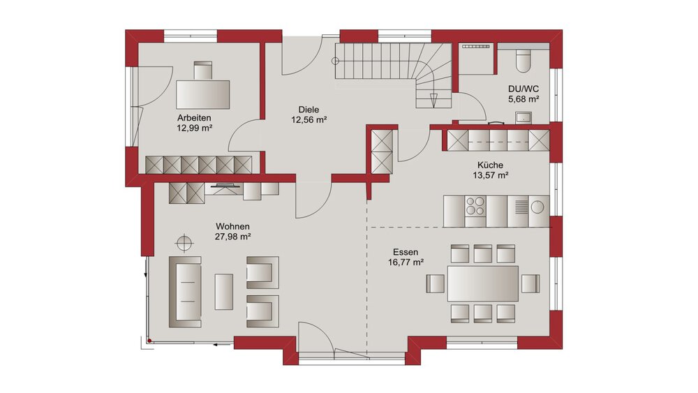 Ein Umrissplan für ein Erdgeschoss mit Diele, Küche, Essbereich, Wohnzimmer, Badezimmer, Arbeitszimmer und Treppenhaus.