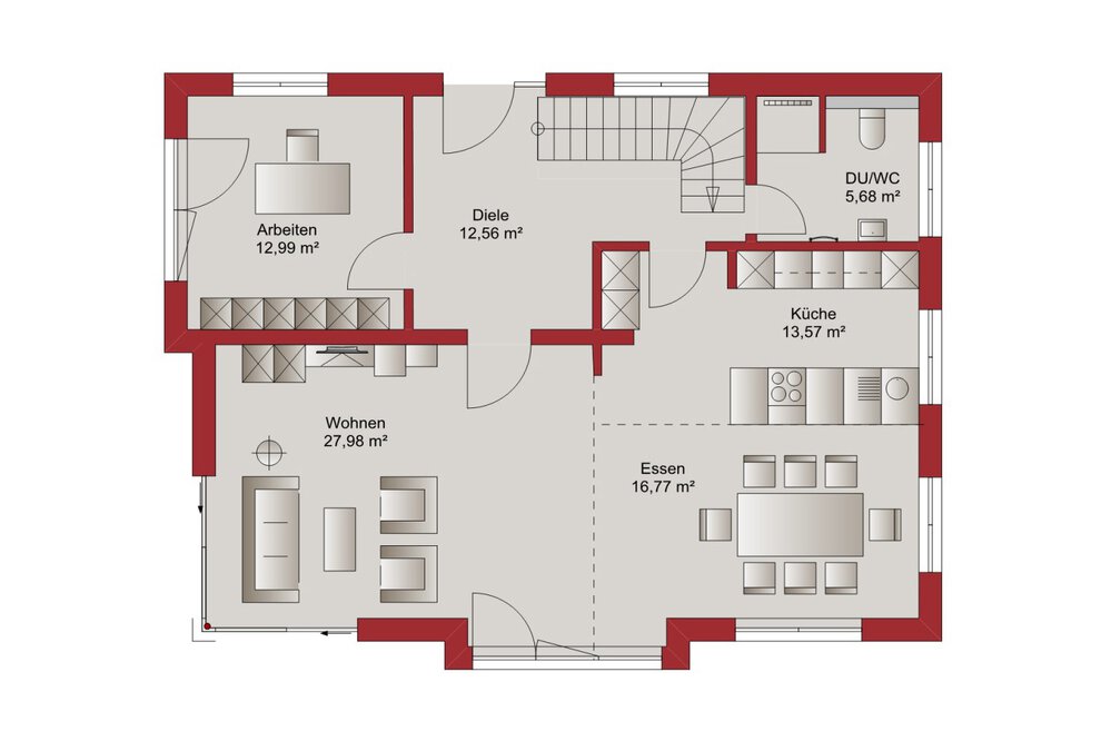 Ein Umrissplan für ein Erdgeschoss mit Diele, Küche, Essbereich, Wohnzimmer, Badezimmer, Arbeitszimmer und Treppenhaus.