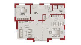 Ein Umrissplan für ein Erdgeschoss mit Diele, Küche, Essbereich, Wohnzimmer, Badezimmer, Arbeitszimmer und Treppenhaus.
