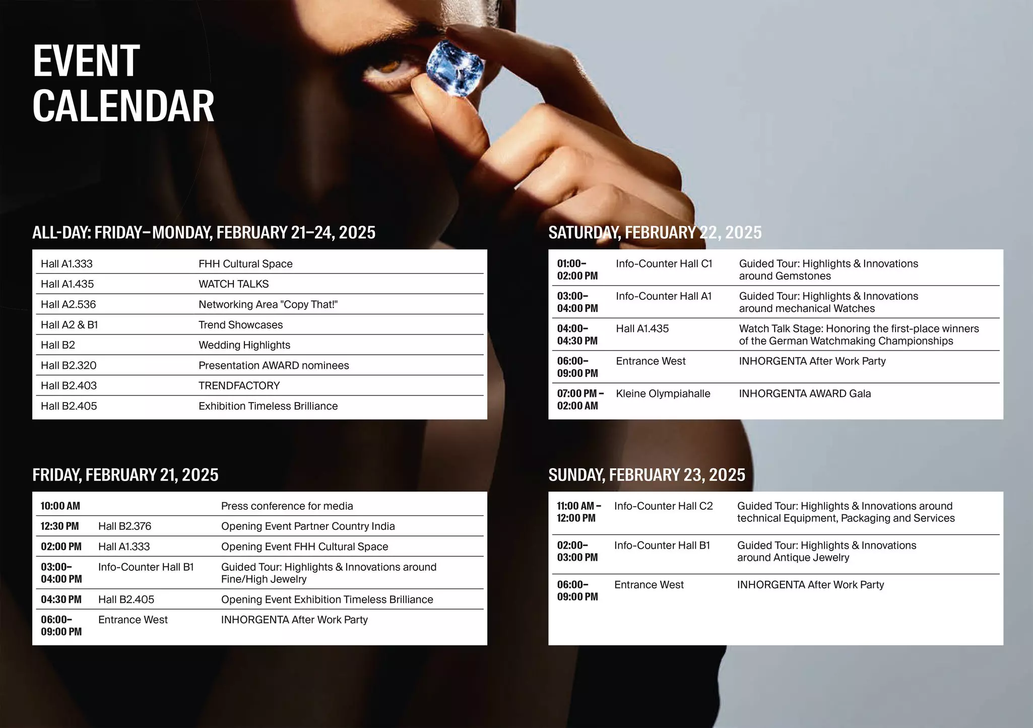 Event calendar against the backdrop of a person holding a blue gemstone. The sections detail schedules and events from February 21-24, 2025.